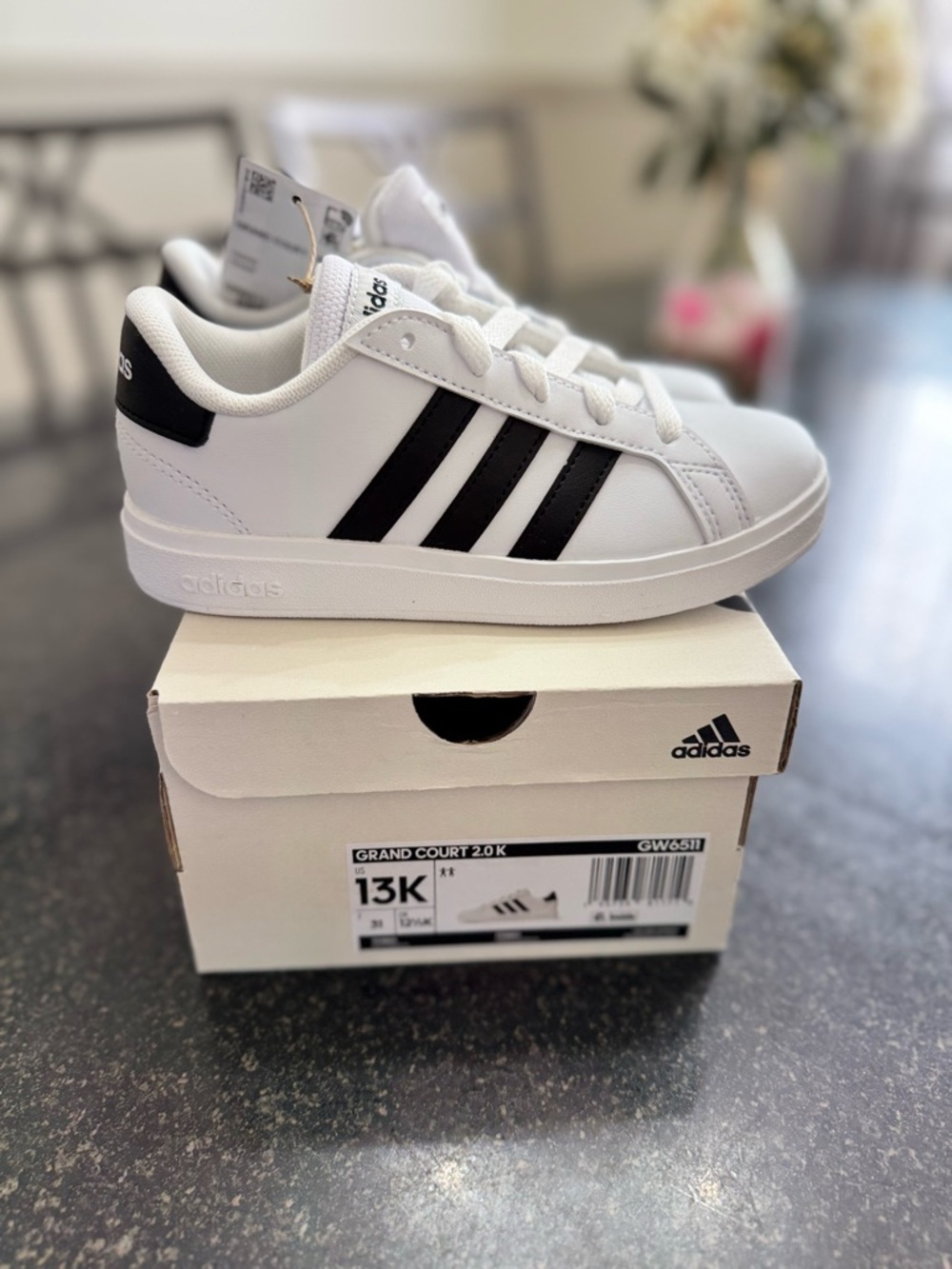 adidas Kids White Sneakers with Black Three-Stripes